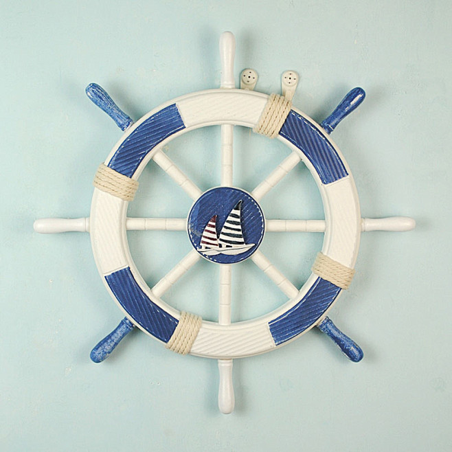 新晴地中海风格木质蓝白船舵壁挂壁饰 咖啡...