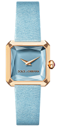 Women's gold watch with square case - Dolce & Gabbana : Dolce & Gabbana Sofia: women's watch with gold case, rubies, square case and pale blue satin strap. Available for online purchase.
