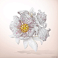 Clip Pivoine, Palais colección de la oportunidad, Van Cleef & Arpels: oro blanco, diamantes blancos y rosa, oro amarillo, diamantes amarillos y blancos madre-de-perla. - Foto por Van Cleef & Arpels