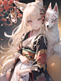Anime 1152x1536 anime girls fox fox ears kimono flowers blonde long hair vertical fox girl animals mask looking at viewer petals