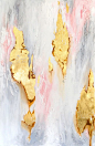An abstract painting using gold leaf with pink, white and gray tones.