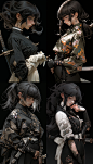 AIGC 酷黑角色设计 黑色背景，拿着军刀和剑的年轻女孩，逼真的渲染风格