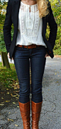 Navy blazer, cream blouse, brown boots, skinnies