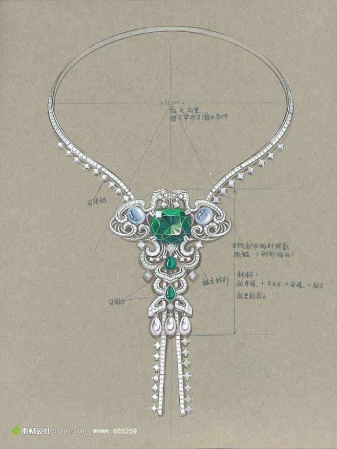 珠宝手绘图绿宝石项链
