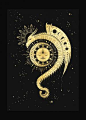 Magic Dragon sun and moon art print in gold foil and black paper with stars and moon by Cocorrina