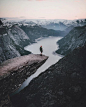 Trolltunga, Norway. It is situated about 1100 meters above sea level, hovering 700 metres above lake Ringedalsvatnet (@muenchmax): 