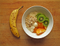 banana, almond dessert tofu with large flake oats, navel orange, and kiwi