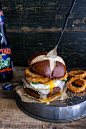 Sweet Potato Black Bean Chili Burgers w/Baked Cheddar Beer Onion Rings.