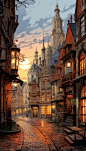 Nostalgic Street Scene, Intricate Architecture, Quaint Characters, Warm Evening Glow, Animated Series, Anton Pieck, Vintage Color Palette, Soft Ambient Lighting, Inspired by Hergé, Early 20th Century, Classic Comic Strip Style, Oil Painting Technique