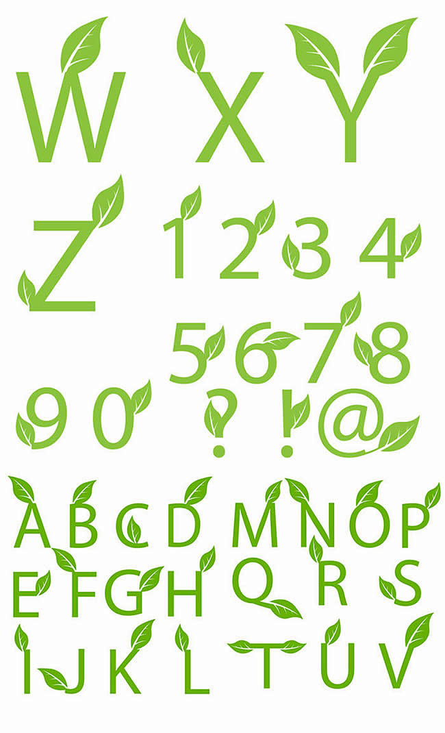 装饰字体矢量图下载 清新绿叶装饰英文数字...