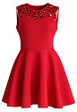 Enchanting Red Embellished Skater Dress - Retro, Indie and Unique Fashion