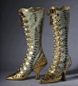 1870 velvet and gold leather button boots.