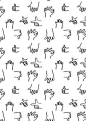 Sign Language print, except doesn't look like sign language to me. Just appears to be hand-drawn hand gestures in a repetitive pattern. Interesting and could look funny/campy covering an entire fabric sample.