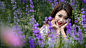 People 1920x1080 women models brunettes long hair Asians women outdoors nature fields flowers grass smiling faces looking at viewer depth of field red lipstick