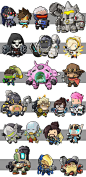 Overwatch - Chibi style; Widowmaker, Tracer, Soldier: 76, Reinhardt, Reaper, Winston, Mercy, Lúcio, D.Va, McCree, Roadhog, Junkrat, Mei, Zarya, Genji, Zenyatta, Hanzo, Symmetra, Bastion, Pharah, Torbjörn: 