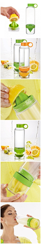[【创意生活】创意榨汁机] 一个方便动手调制果汁的水瓶设计，拧开水瓶的底部，将切开一半的橘子啊、柠檬啊、拍上去后再将底部装回，接下来就可以摇动水瓶，享受真正的健康果汁。