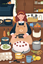 可爱厨房美食蛋糕制作场景手绘卡通女孩插画