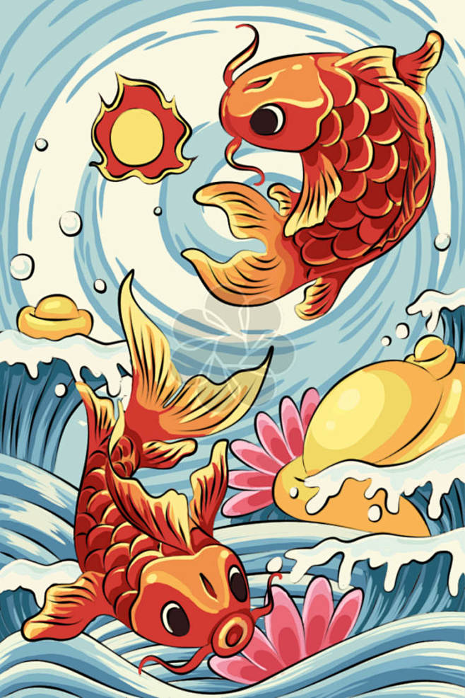 彩色锦鲤插画-7087×10625-美素...