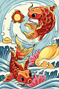 彩色锦鲤插画-7087×10625-美素惠选图库