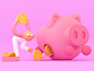 cartoon 3D c4d Character digital illustration coin color pink pig
