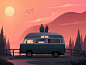 Travelers old car missing quarantine covid19 poster birds clouds couple car van camper forest trees mountains illustration landscape sunset fireart journey travelers