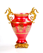 玻璃花瓶 法式家居饰品摆件奢华纯铜双耳装饰罐大红色