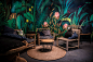 Bar Palmier : Jungle illustration printed on wallpape to decorate the interior of the lounge area of a wine bar.