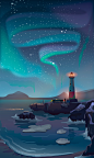 vector poster print Travel Landscape aurora northernlights lighthouse ILLUSTRATION  digital