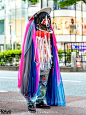 #原宿街拍# Conceptual Japanese Street Fashion w/ Statement Headpiece, Sheer Cape, Radd Lounge, Creepers & Painted Jeans O网页链接 ​​​​