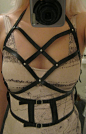 Cage webbed body harness belt with halterneck and chest piece, black vegan/vegetarian faux leather. Made to fit