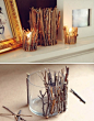 Twigs around glass votive or baby food jar for candle holders