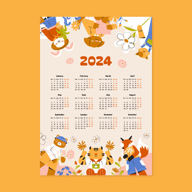 卡通可爱新款2024年小动物插画日历台历...
