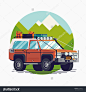 Cool retro styled fully equipped expedition safari SUV off road four wheel vector vehicle web icon | 4WD car isolated transportation traffic design element on mountain background in trendy flat design-交通运输,符号/标志-海洛创意(HelloRF)-Shutterstock中国独家合作伙伴-正版素材在线交易
