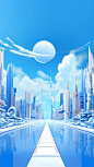 futuristic landscape with beautiful city background and sky illustration, in the style of passage, light blue and white, 32k uhd, kanō school, clockpunk, streetscape, rinpa school