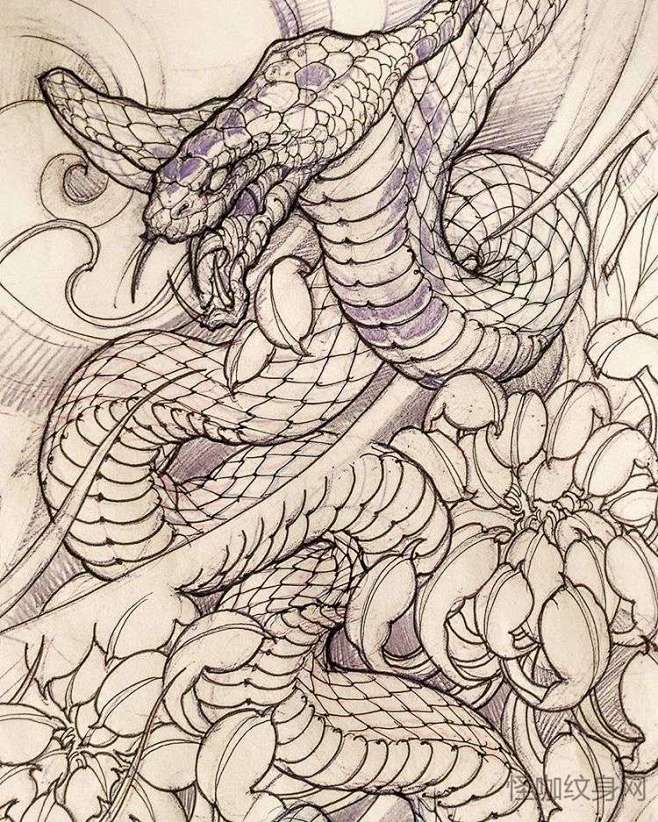 新传统手稿蛇纹身图案