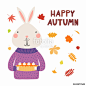 Hand drawn vector illustration of a cute bunny in sweater, with pumpkin pie, falling leaves, quote Happy autumn. Isolated objects on white. Scandinavian style flat design. Concept for children print.