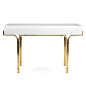 Jonathan Adler Globo Console : Futuristic Elegance.A Glossy white lacquer cabinet cradled by a sinuous brass framework and capped with blue solid Lucite cabochons. Small footprint but big impact, our Globo Console is guaranteed to deliver mega glamour.Dis
