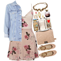 A fashion look from March 2016 featuring pink dress, denim jacket and ballet flats. Browse and shop related looks.