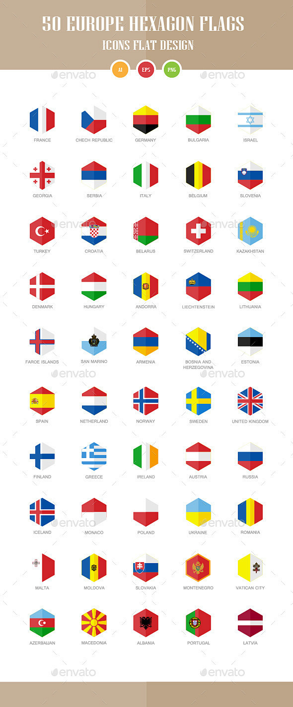 欧洲50国旗图标.六角平面设计——对象图...