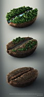 Coffee Deforestation : A set of three CGI images showing the effects of deforestation, revealing a coffee bean below. Everything except from the machinery was rendered in 3D.