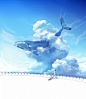 我非常喜欢这幅画，原因无他——云层之上有巨型鲸鱼穿梭，这是很浪漫很浪漫的事。