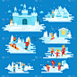 图表元素冬季娱乐，人性格，孩子们玩雪球，堆雪人，滑雪，滑雪，滑冰，城堡。冬天的童话矢量平面插画