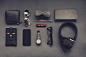 工作，办公-Aerial view of watch, headphones, eyeglasses and sunglasses on grey b ...