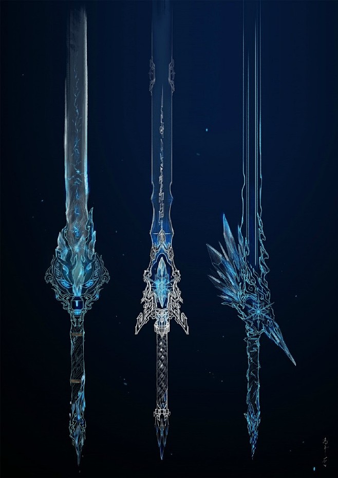 流水剑庄·武器设计·冰属性三柄剑·草图。...