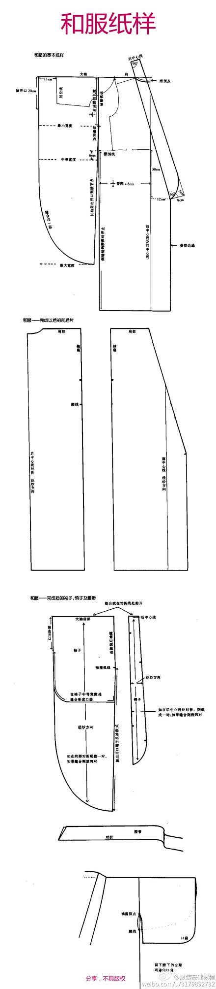 #教程##服装制作# 【浴衣】和服纸样。...