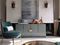 Glam Living Room | Marble wall | Velvet Teal Gold Chair | Grey Abstract Painting | Copper Mint Credenza