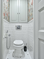 Inspiration for a timeless white tile mosaic tile floor and white floor powder room remodel in Moscow with raised-panel cabinets, gray cabinets, multicolored walls and a two-piece toilet