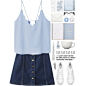 A fashion look from May 2016 featuring blue sleeveless top, dark blue denim skirt and vegan leather bags. Browse and shop related looks.