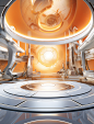 a room inside a futuristic technology studio, in the style of light silver and light orange, editorial illustrations, intricate ceiling designs, xbox 360 graphics, light amber and gold, gravity-defying architecture, ue5