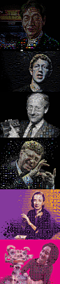 Charis Tsevis 设计的6大IT巨头的插画， Grace Hopper, Cynthia Breazeal, Bill Gates, Mark Zuckerberg, Sir Clive Sinclair 和 Tomohiro Nishikado，每个人都是用他们自己的产品的元素拼出来的头像。